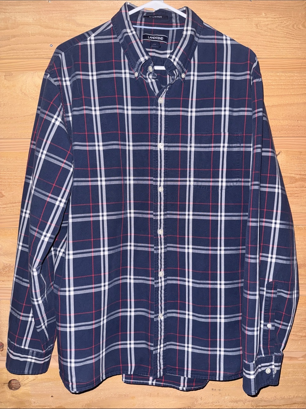Lands end button down red white blue plaid Sail Rugger Oxford